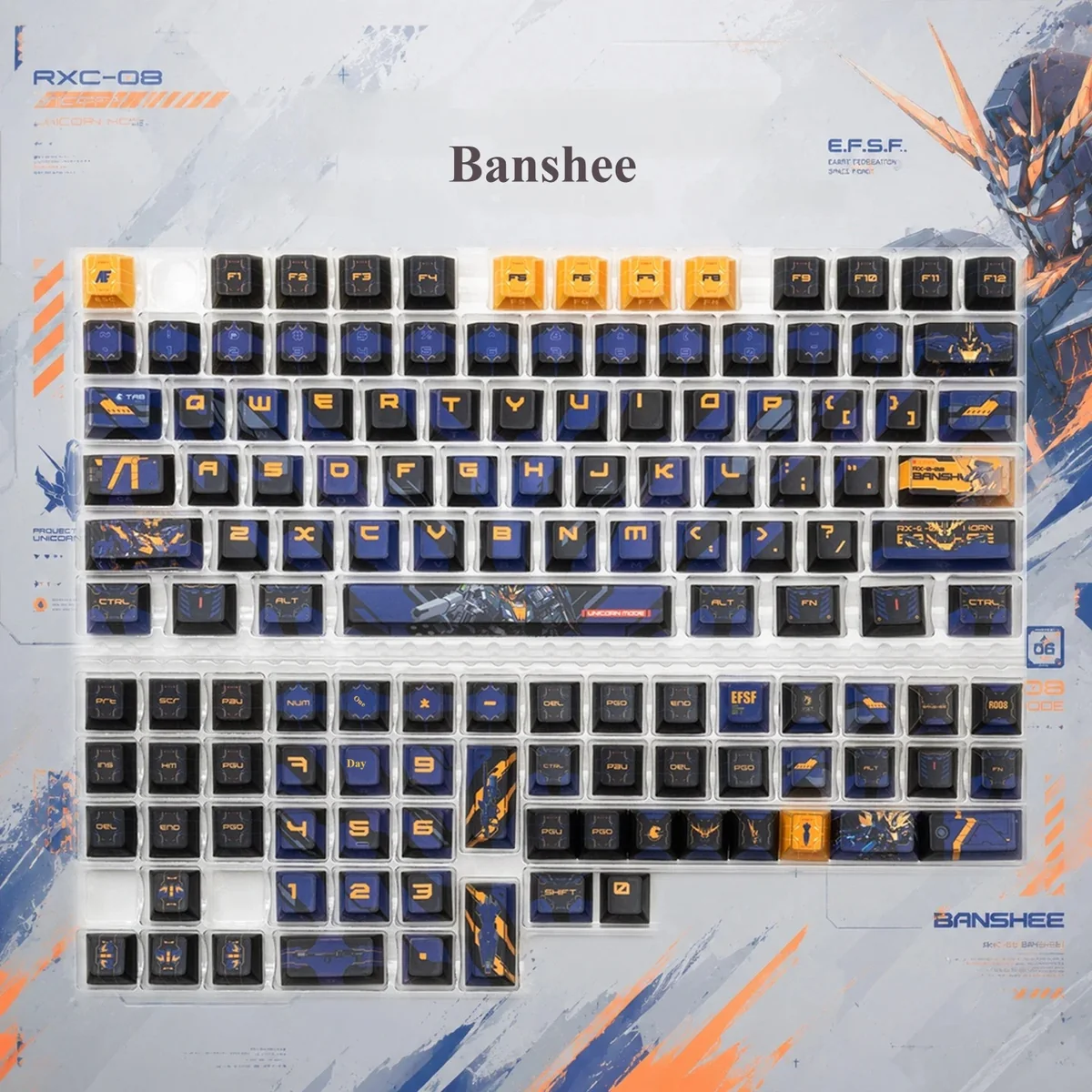 Iconic RX-0 Unicorn Gundam 02 Banshee Backlit PBT Keycaps showcasing a dark, futuristic mecha aesthetic with dynamic light-through effects. Elevate your keyboard.