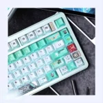 Exclusive Gundam Unicorn PBT+PC keycap set from various angles, showcasing luminous battlefield portal design, translucent light effects.