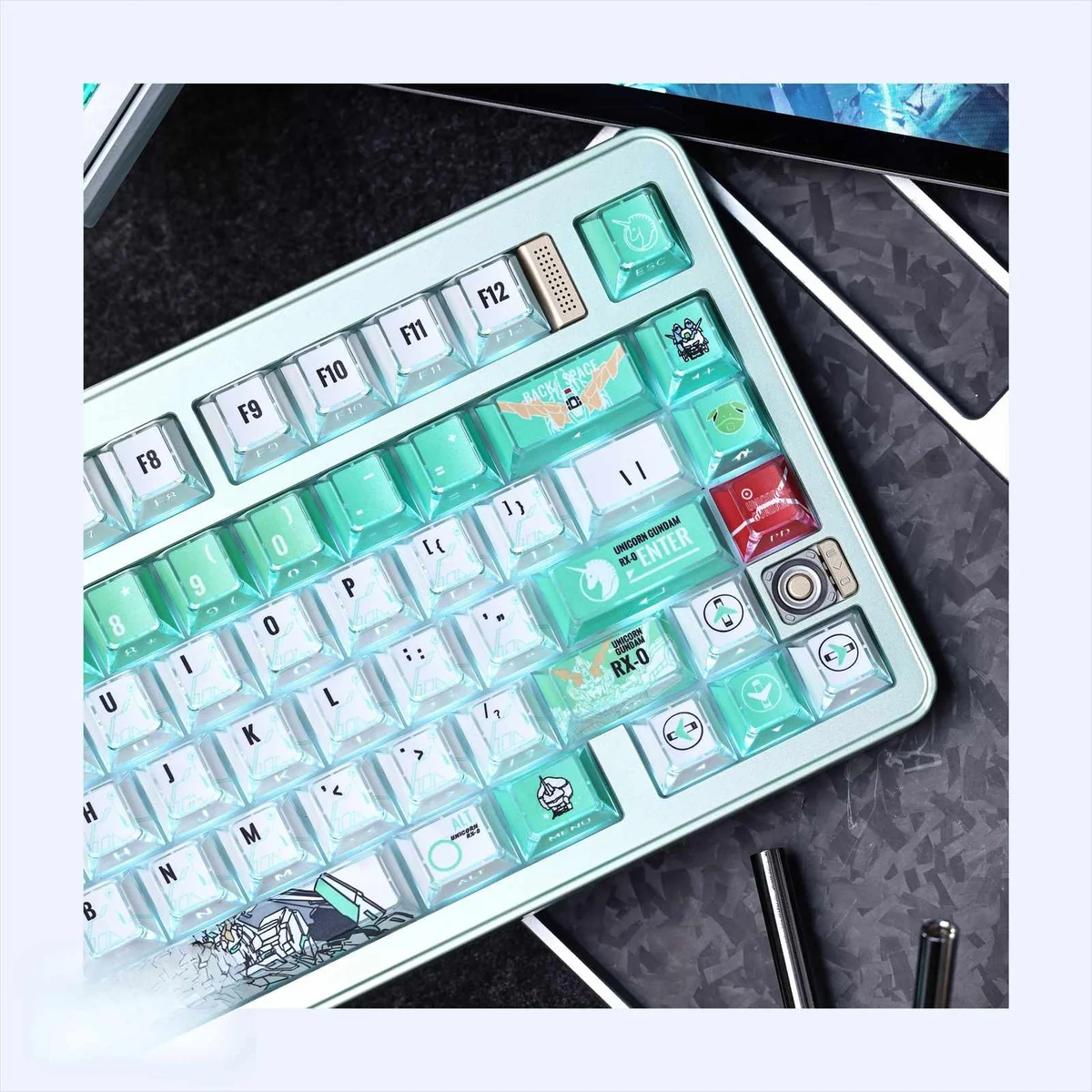 Exclusive Gundam Unicorn PBT+PC keycap set from various angles, showcasing luminous battlefield portal design, translucent light effects.