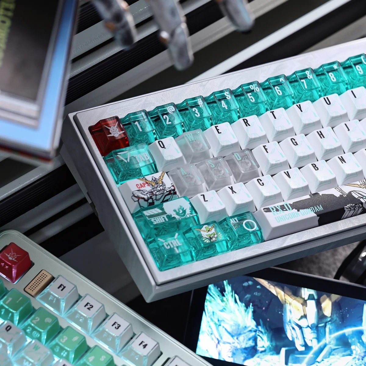 Premium Gundam Unicorn PBT+PC keycap set, presented from multiple angles, highlighting its futuristic translucent design and refractive light effects.