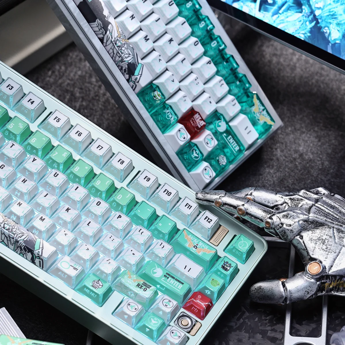 Gundam Unicorn PBT+PC Keycap Set: Luminous Battlefield Portal. Futuristic design, translucent refractive light, showcased from various premium angles.