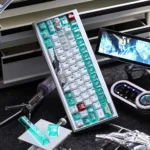 Multiple angles of the exclusive Gundam Unicorn PBT+PC keycap set, showcasing its luminous, futuristic design and translucent light effects.