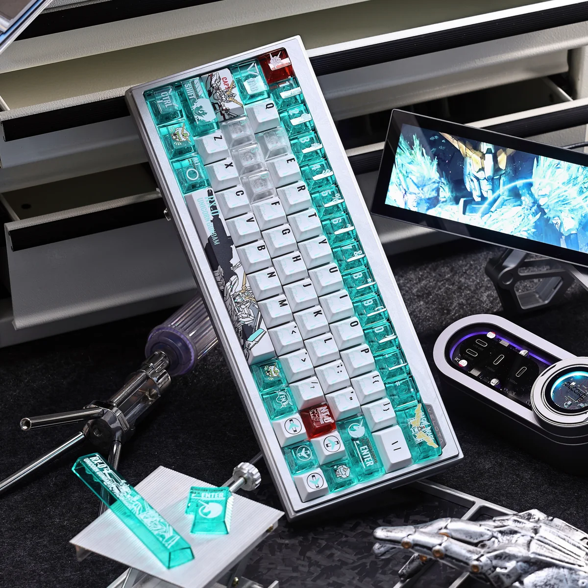 Multiple angles of the exclusive Gundam Unicorn PBT+PC keycap set, showcasing its luminous, futuristic design and translucent light effects.