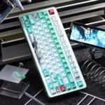 Exclusive Gundam Unicorn PBT+PC keycap set showcasing futuristic translucent designs and refractive light effects from multiple angles.