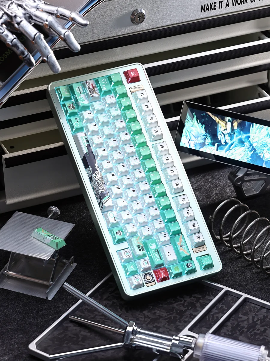 Exclusive Gundam Unicorn PBT+PC keycap set showcasing futuristic translucent designs and refractive light effects from multiple angles.