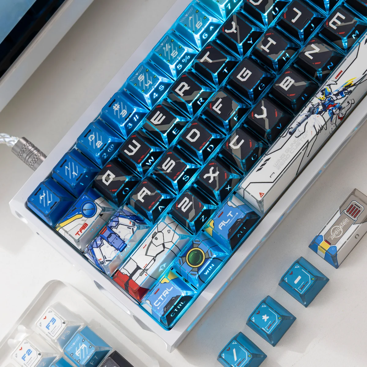 Close-up of the premium XXXG-00W0 Wing Gundam Zero backlit PBT keycaps set, showcasing intricate mecha detailing, vibrant backlighting, and dynamic light effect.