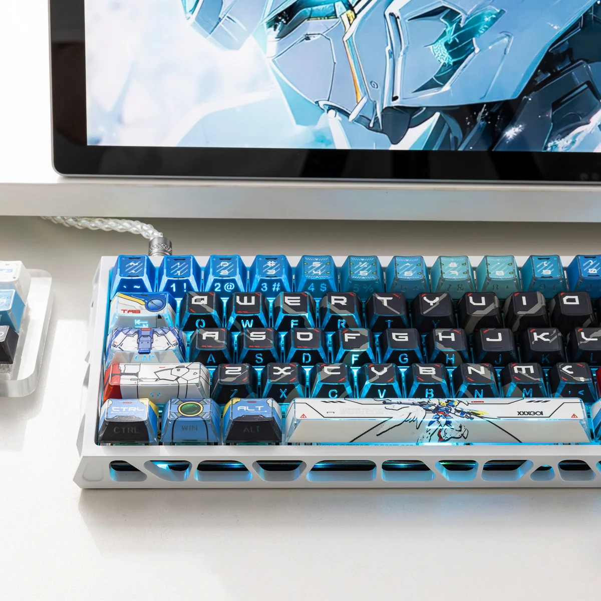Iconic XXXG-00W0 Wing Gundam Zero Backlit PBT Keycaps set displayed from multiple angles, revealing futuristic mecha details, vibrant backlighting.