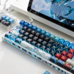Close-up of the premium XXXG-00W0 Wing Gundam Zero Backlit PBT Keycaps Set, showcasing intricate mecha detailing and dynamic lighting from a different angle.