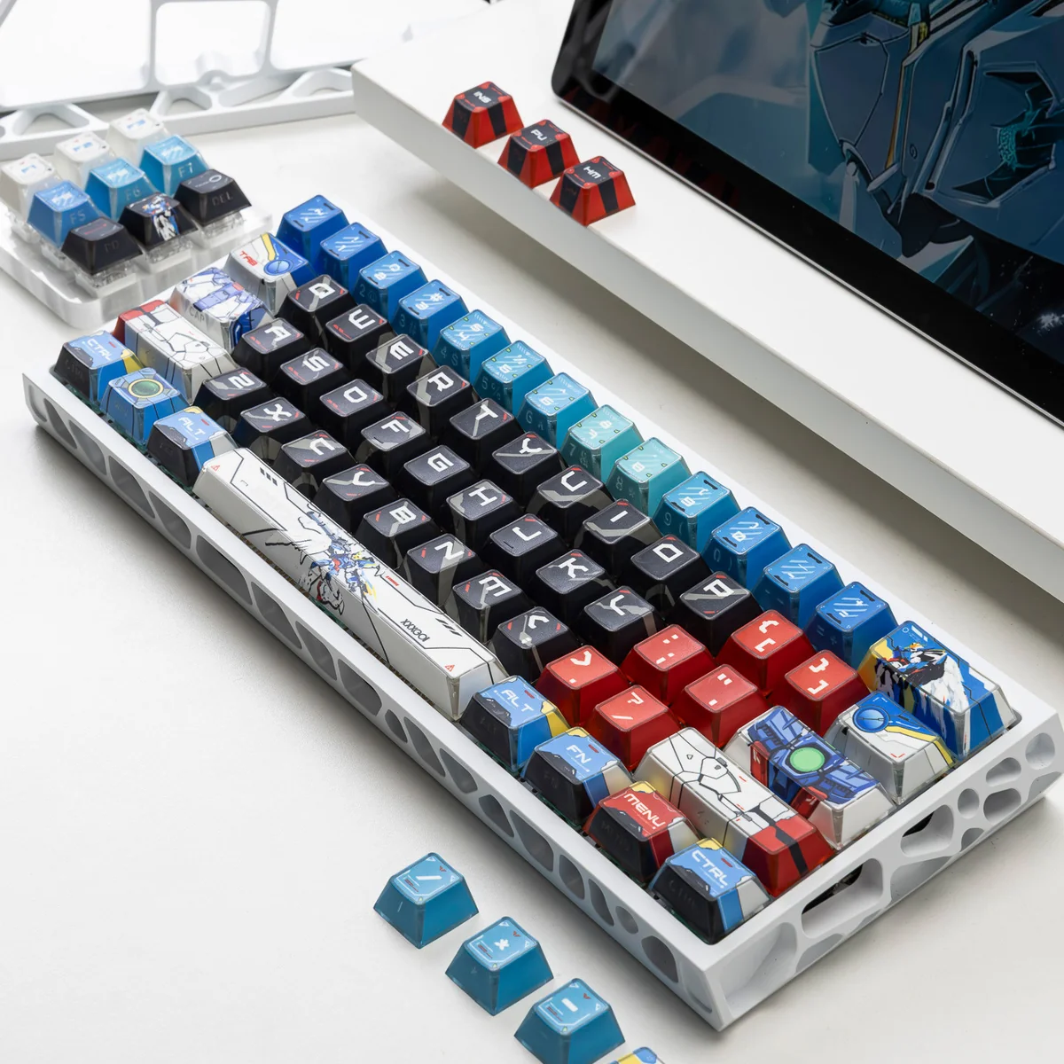 Iconic XXXG-00W0 Wing Gundam Zero backlit PBT keycaps set, captured from a unique angle, highlighting its futuristic mecha design and luminous Wing Zero detail.