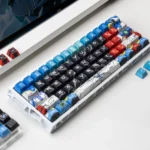 Iconic XXXG-00W0 Wing Gundam Zero Backlit PBT Keycaps Set, showcasing futuristic mecha aesthetics, dynamic light, and intricate Wing Zero details from multiple angles.