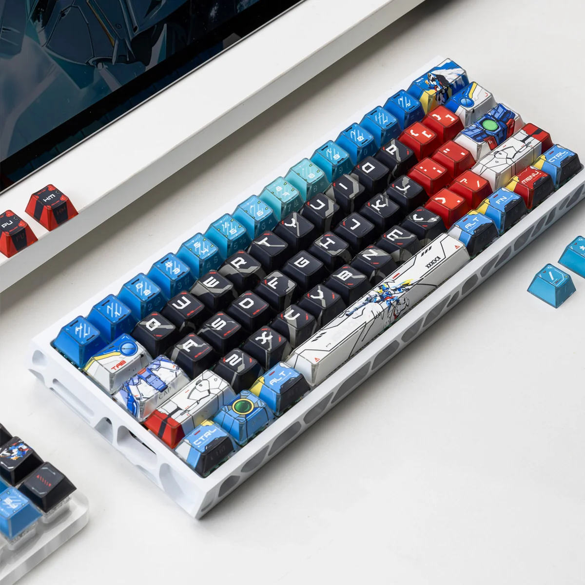 Iconic XXXG-00W0 Wing Gundam Zero Backlit PBT Keycaps Set, showcasing futuristic mecha aesthetics, dynamic light, and intricate Wing Zero details from multiple angles.