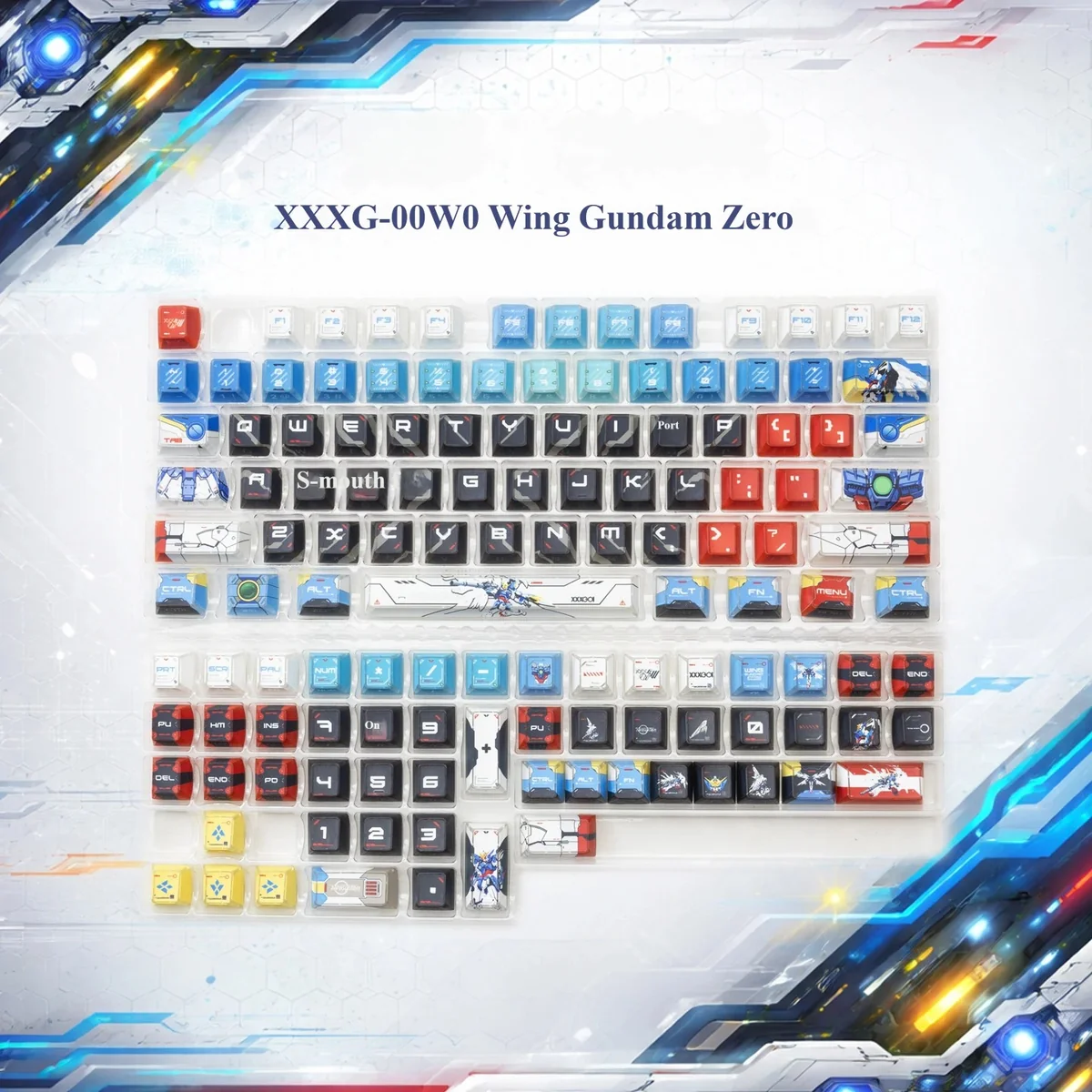 Iconic XXXG-00W0 Wing Gundam Zero Backlit PBT Keycaps set, displaying intricate mecha details and dynamic light effects for a premium keyboard.