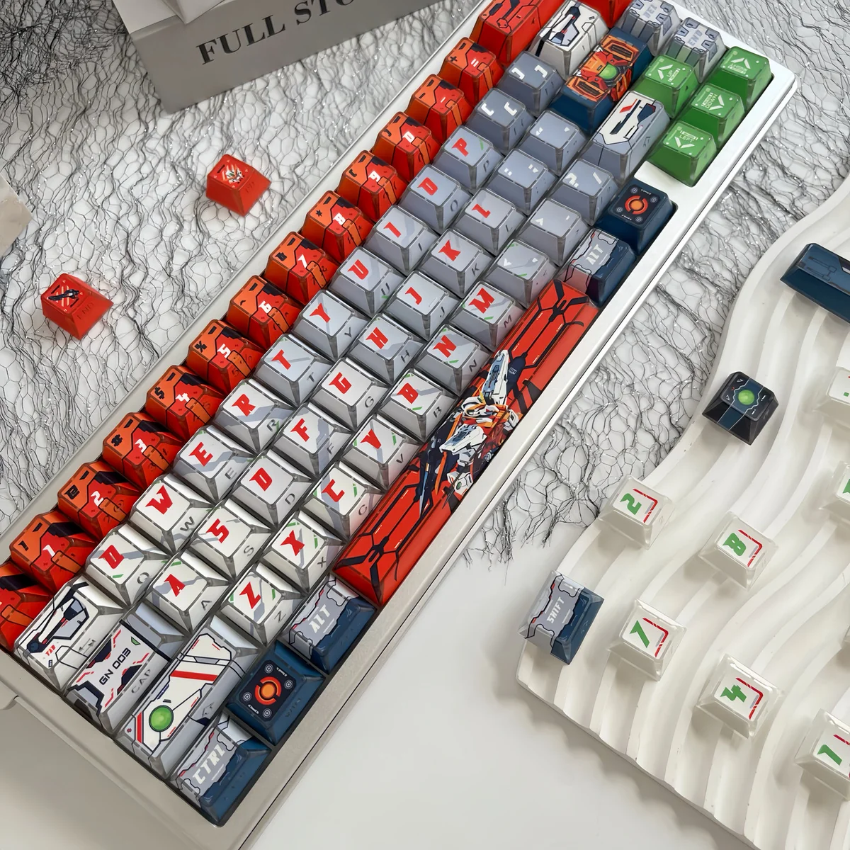 A collection of exclusive Gundam Kyrios translucent PBT mecha keycaps set, showcasing intricate futuristic designs and captivating lighting from multiple angles.