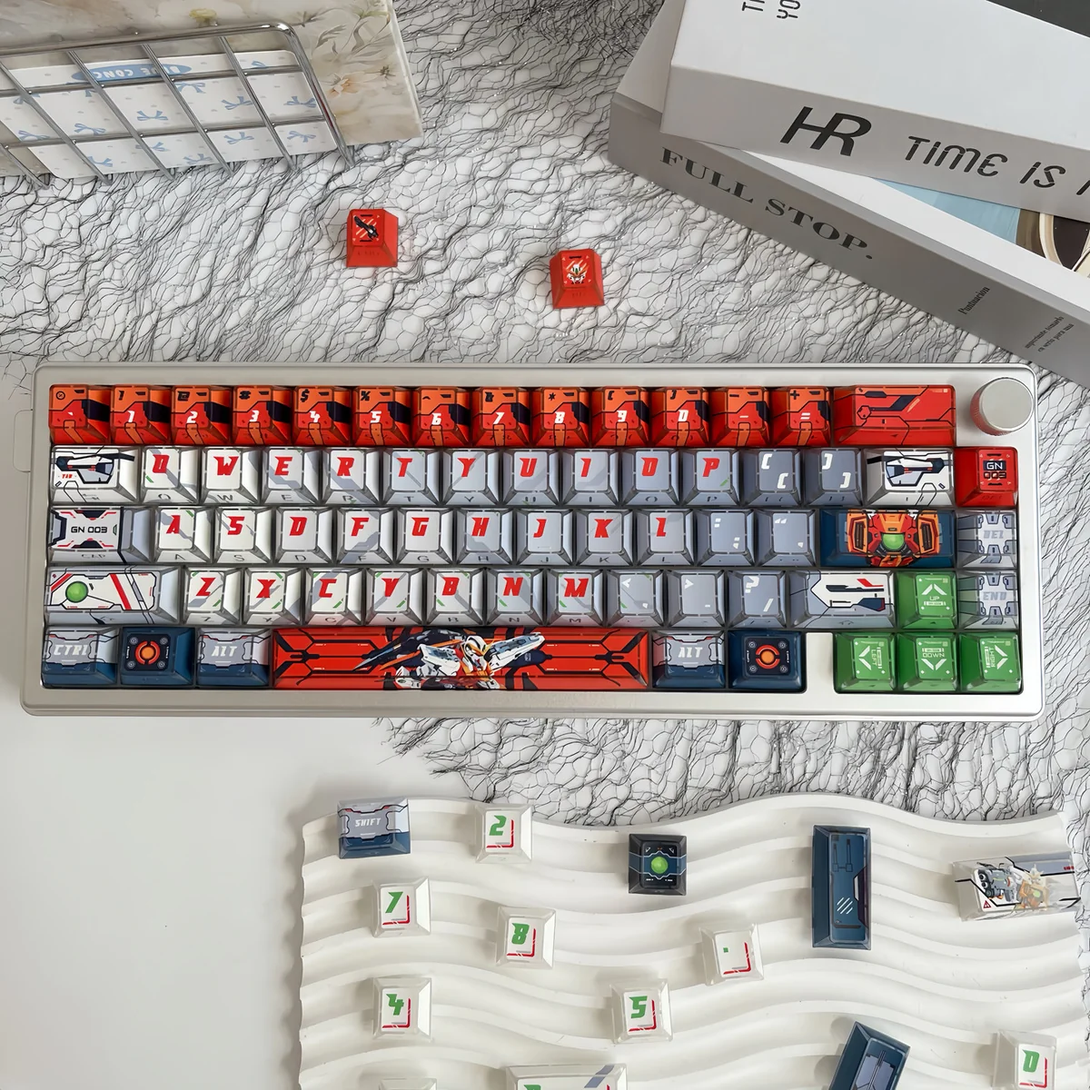 Exclusive Gundam Kyrios translucent PBT keycaps set, showcasing intricate mecha design with a captivating glowing effect.
