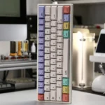A dynamic, angled shot of the Hello World PBT dye-sub keycaps, revealing the crisp minty legends and durable texture, perfect for a retro-tech program.