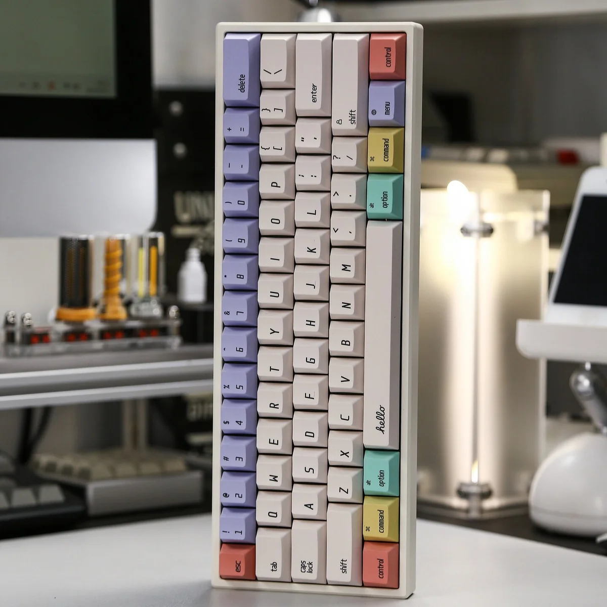 A dynamic, angled shot of the Hello World PBT dye-sub keycaps, revealing the crisp minty legends and durable texture, perfect for a retro-tech program.