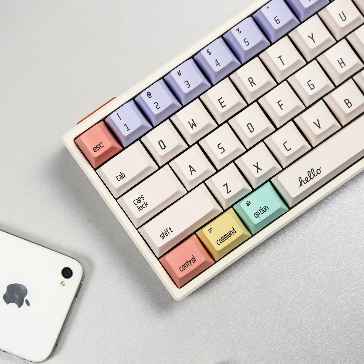Playful Hello World PBT dye-sub keycaps from the Minty Fresh Set, showcased from various angles highlighting their crisp retro-tech design.