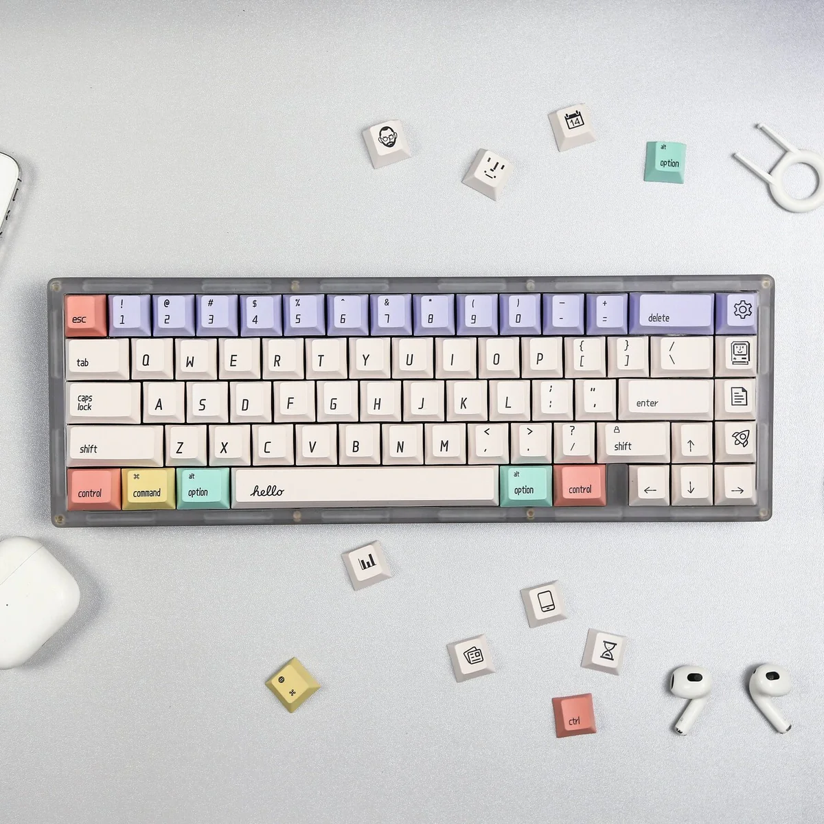Hello World PBT dye-sub keycaps in a crisp, minty fresh set. This main image showcases the durable retro-tech design, evoking nostalgic programming.
