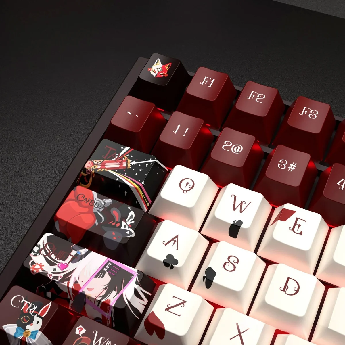 Close-up of vibrant Honkai Star Rail Sparkle PBT dye-sub keycaps, showcasing design and crisp front/side legends from multiple angles.