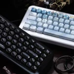 Jade Marble MOA PBT Keycaps showing jade-like PBT, elegant marble textures, ergonomic MOA profile from various angles.