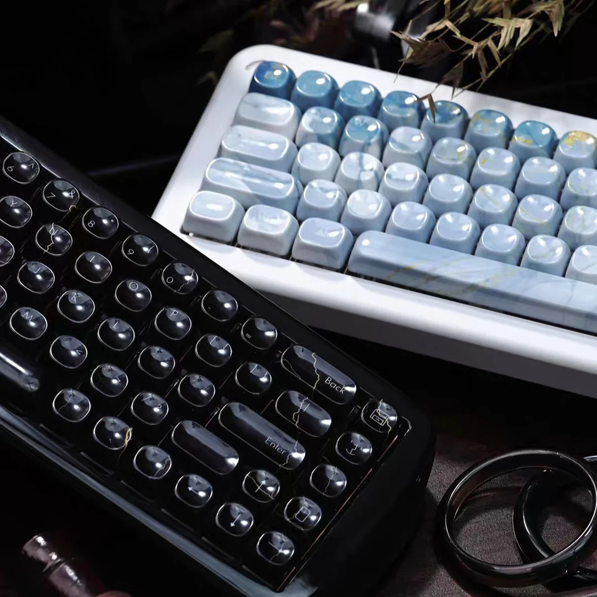 Jade Marble MOA PBT Keycaps showing jade-like PBT, elegant marble textures, ergonomic MOA profile from various angles.
