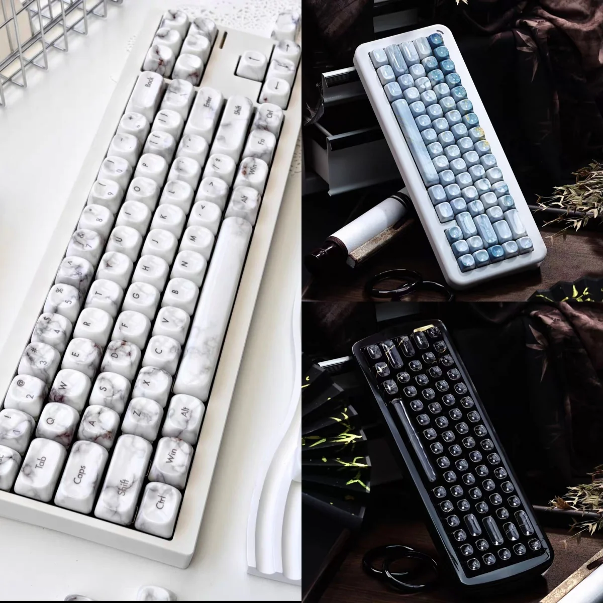 Elegant Jade Marble Keycaps main display, showcasing premium jade-like PBT, sophisticated marble texture, and ergonomic MOA profile for a refined design.