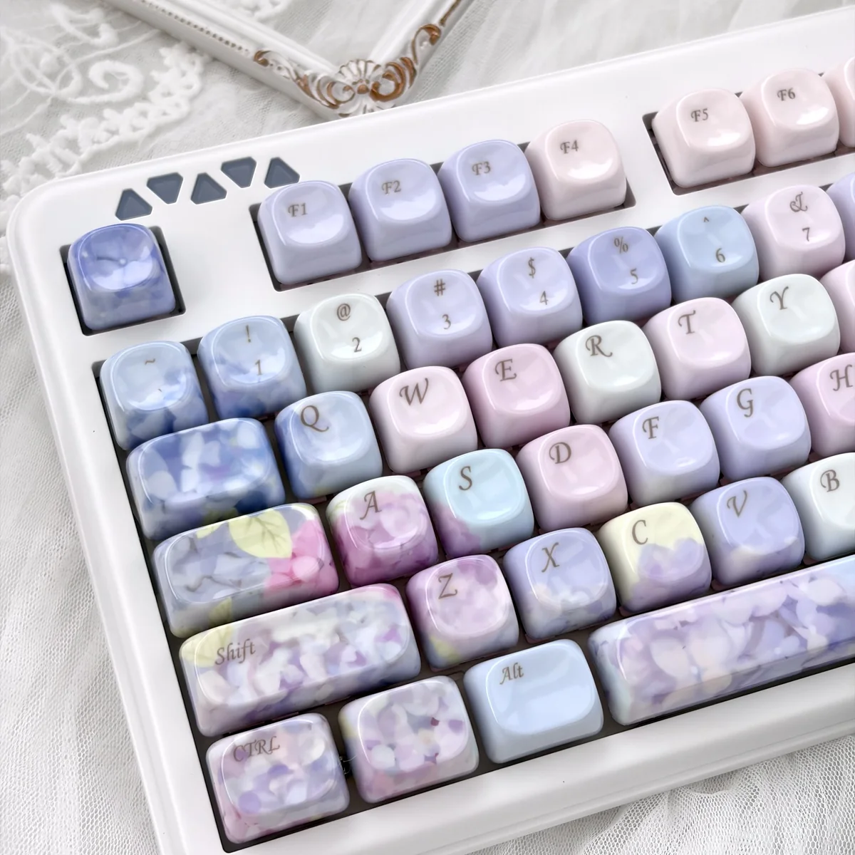 Endless Summer Jade MOA Keycap Set, purple floral set. Various angles reveal the serene jade-like finish and tranquil summer aesthetic.