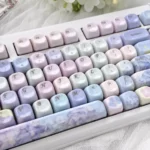 Luxurious Jade MOA Keycaps set with a serene purple floral Endless Summer design, showcasing the smooth, jade-like finish from multiple artistic angle.