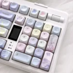 Luxurious Endless Summer Jade MOA Keycaps set, purple floral design and smooth jade-like finish. Captured from a distinct angle, evoking serene summer feel design.