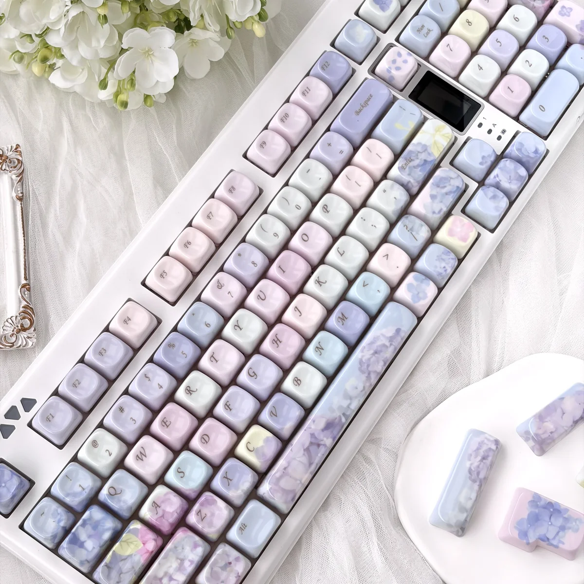 Luxurious Endless Summer Jade MOA Keycap set, showcasing a serene purple floral design with a smooth, jade-like finish, evoking a gentle summer aesthetics.