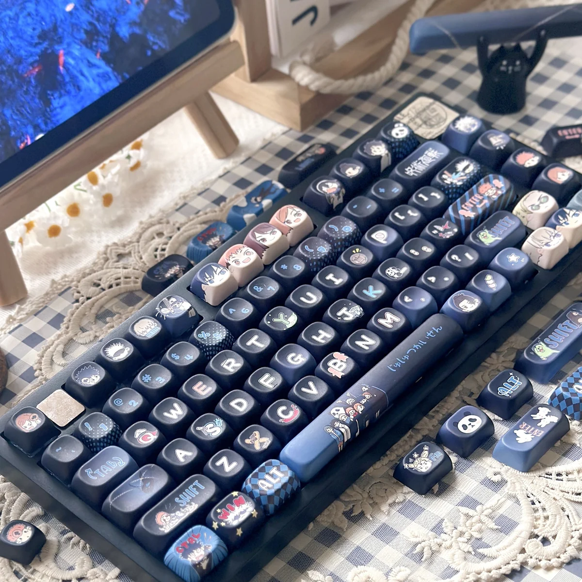 Vibrant, authentic Jujutsu Kaisen PBT Dye-sub Keycap Set in MOA profile, showcasing iconic anime characters and symbols with a dark fantasy aesthetic.