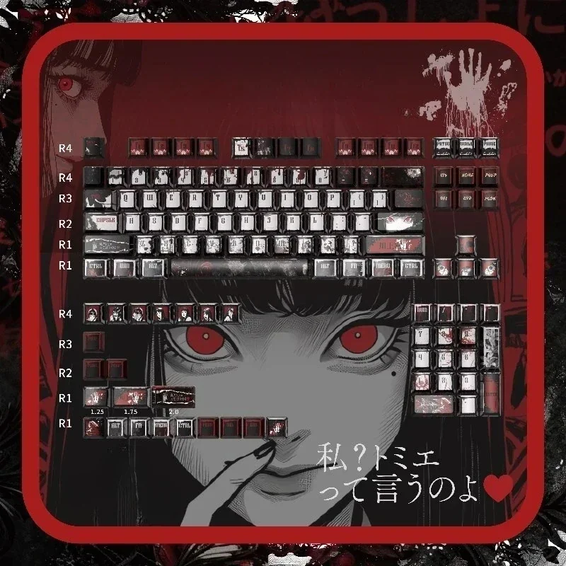 Close-up of the Junji Ito Tomie Metallic PBT Keycap Set, revealing the eerie beauty of iconic artwork and its distinct, durable metallic PBT finish.