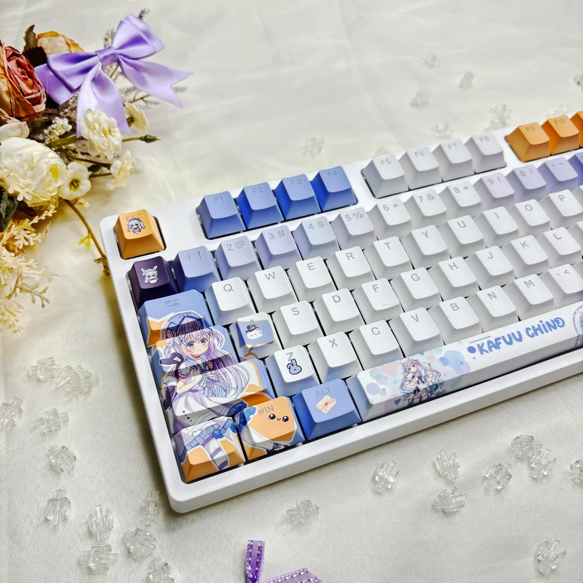 Detailed view of Chino Kafu anime PBT backlit keycaps from Is the Order a Rabbit?, highlighting adorable character art and crisp, dye-sub legends.