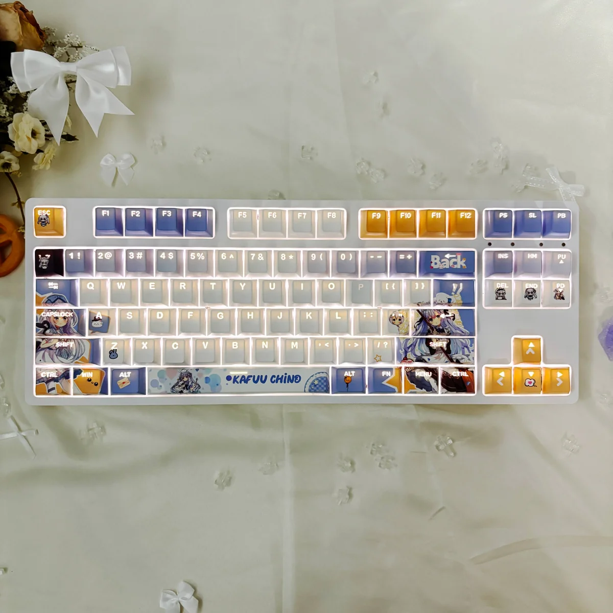 Detailed view of the Chino Kafu anime PBT backlit keycap set, showcasing adorable character art, crisp dye-sub legends.