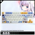 Close-up of vibrant Chino Kafu keycaps, showcasing Is the Order a Rabbit anime art, crisp dye-sub legends, and PBT for backlighting.
