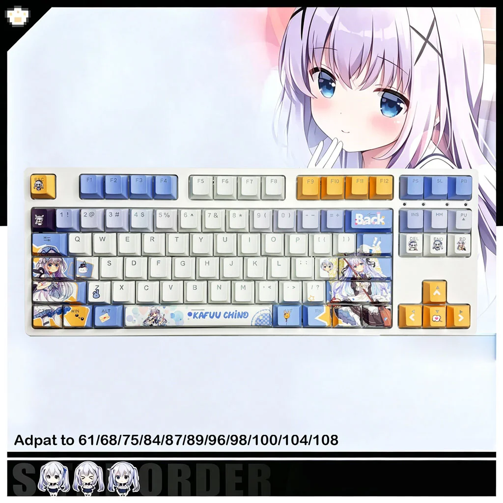 Close-up of vibrant Chino Kafu keycaps, showcasing Is the Order a Rabbit anime art, crisp dye-sub legends, and PBT for backlighting.