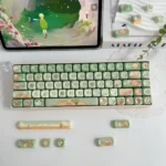 Whimsical Le Petit Prince PBT MOA keycaps from different angles, featuring charming storybook prairie prince designs and cute nature motifs like stars.