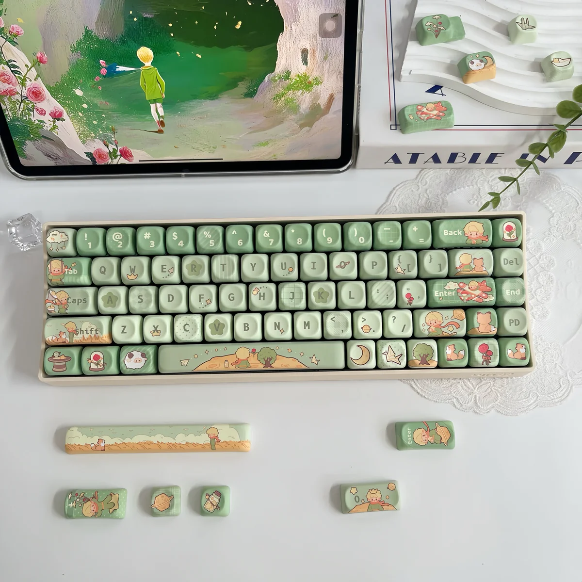 Whimsical Le Petit Prince PBT MOA keycaps from different angles, featuring charming storybook prairie prince designs and cute nature motifs like stars.