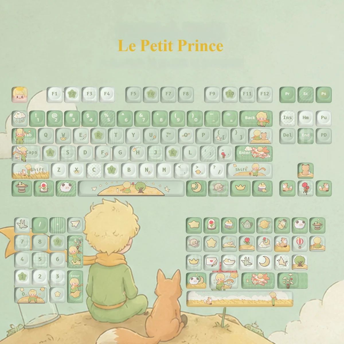 Whimsical Le Petit Prince PBT MOA keycap set showcasing charming storybook art with a cute prairie prince and nature elements, perfect for mechanical keyboard.