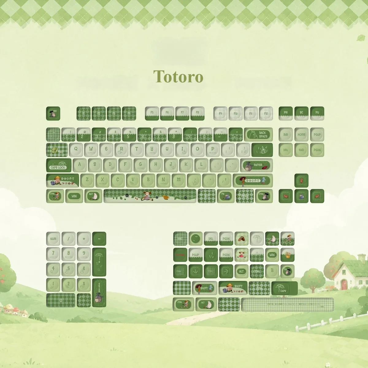 Whimsical Matcha Totoro PBT Keycap Set displayed on a keyboard, featuring charming Totoro characters, calming matcha green, and soft forest hues.