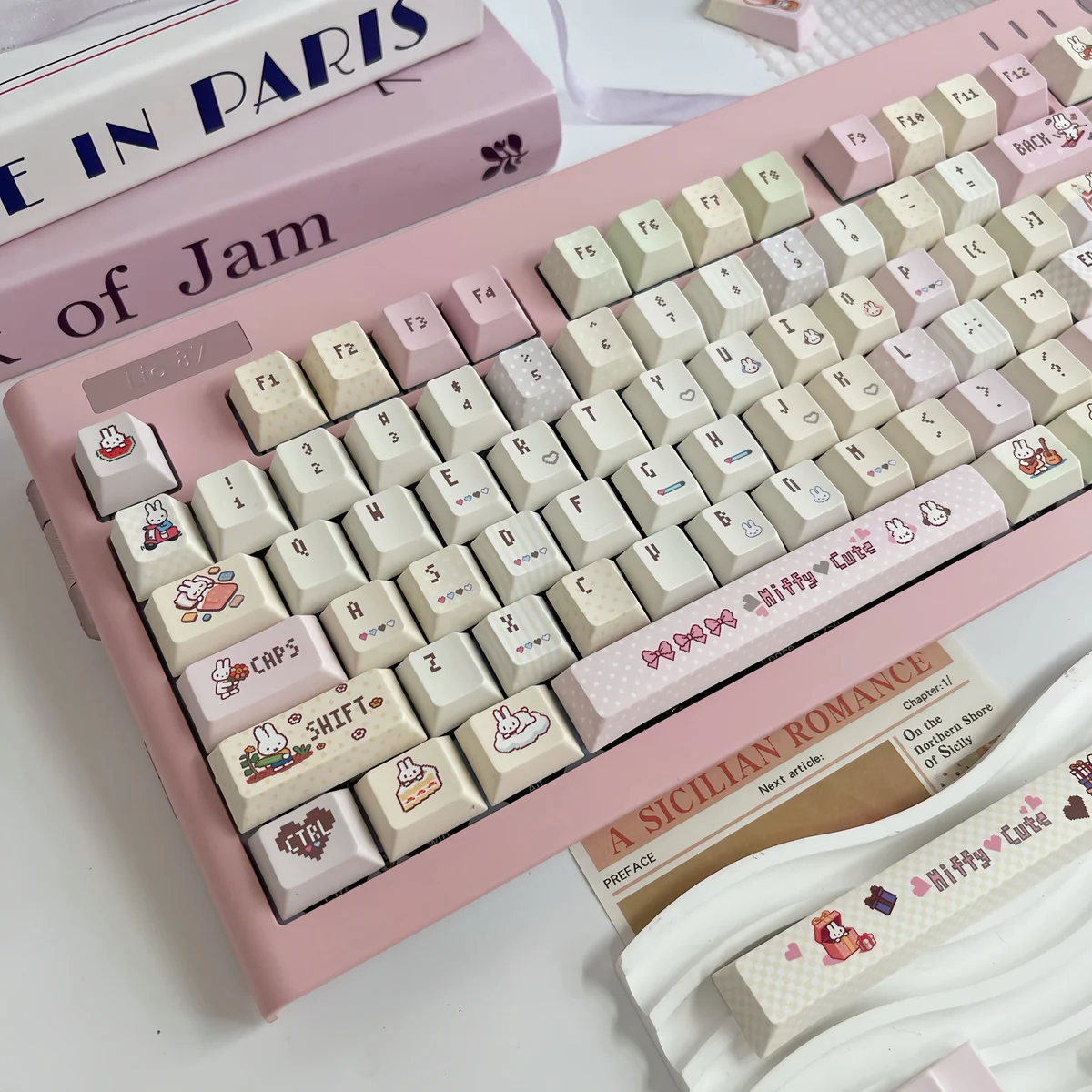 Vibrant close-up of the Miffy & Friends Pixel Art PBT Keycap Set, highlighting nostalgic Miffy keycaps and playful retro pixel art from a unique angles.