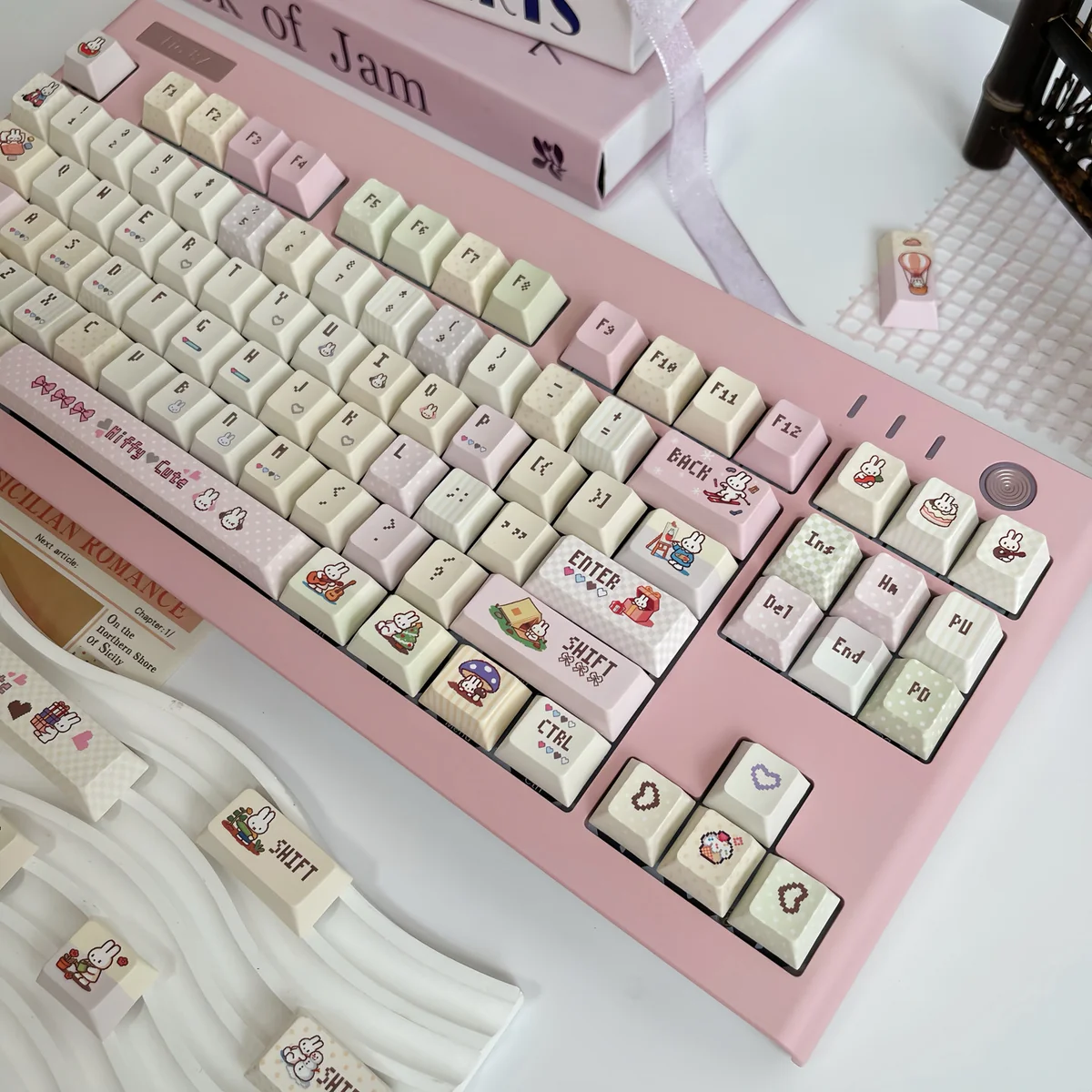 Miffy & Friends pixel art PBT keycaps shown from a clear angle, showcasing their vibrant, nostalgic retro design and durable quality for custom keyboard.
