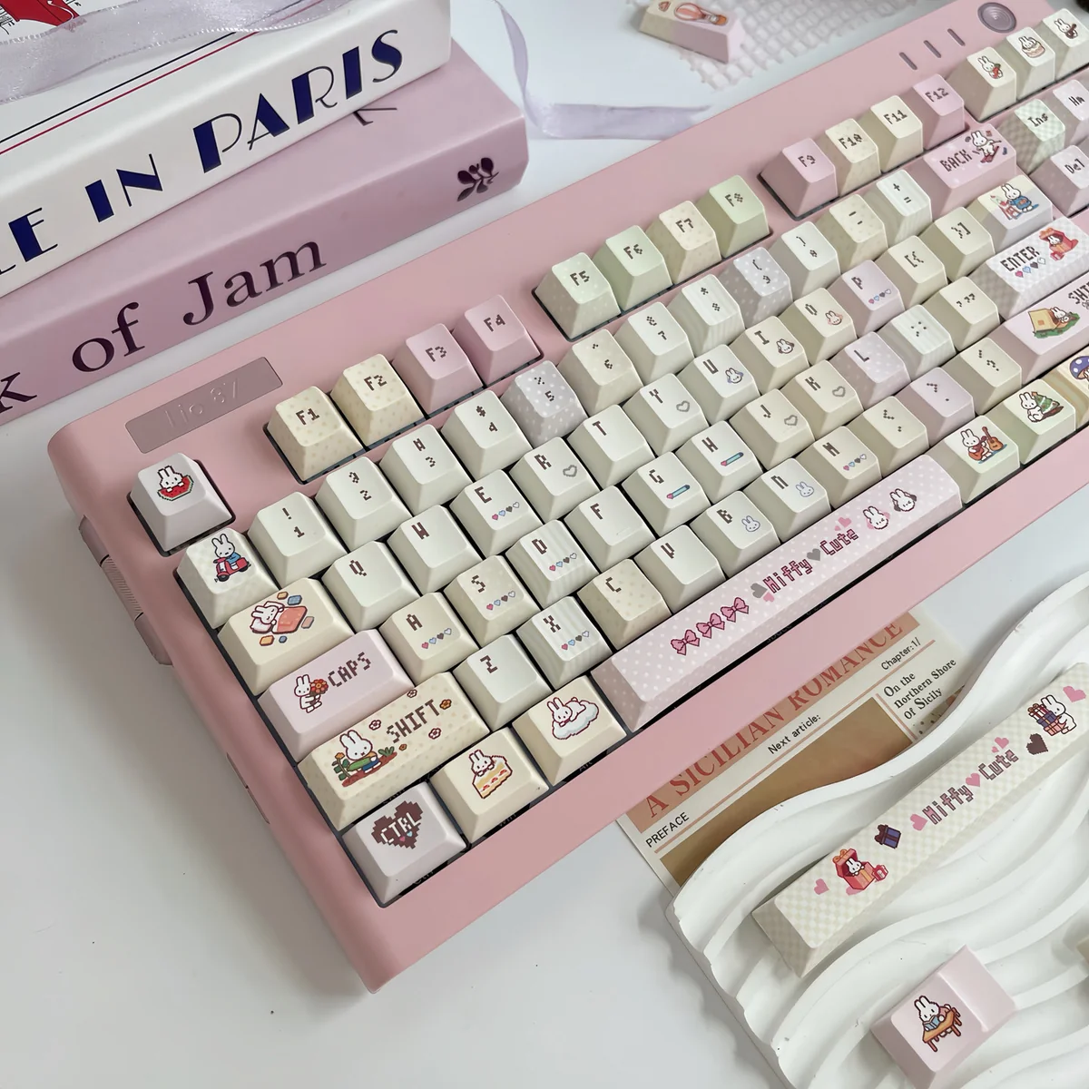 Vibrant Miffy & Friends pixel art PBT keycap set. Showcasing nostalgic designs of Miffy and friends from multiple angles, highlighting their playful Miffy keycaps.