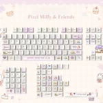 Vibrant Miffy & Friends pixel art PBT keycaps displayed from multiple angles, highlighting their playful retro charm and nostalgic appeal.