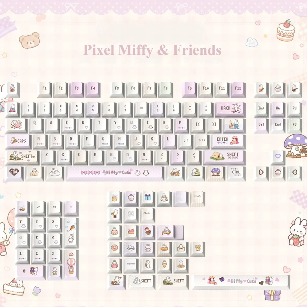 Vibrant Miffy & Friends pixel art PBT keycaps displayed from multiple angles, highlighting their playful retro charm and nostalgic appeal.