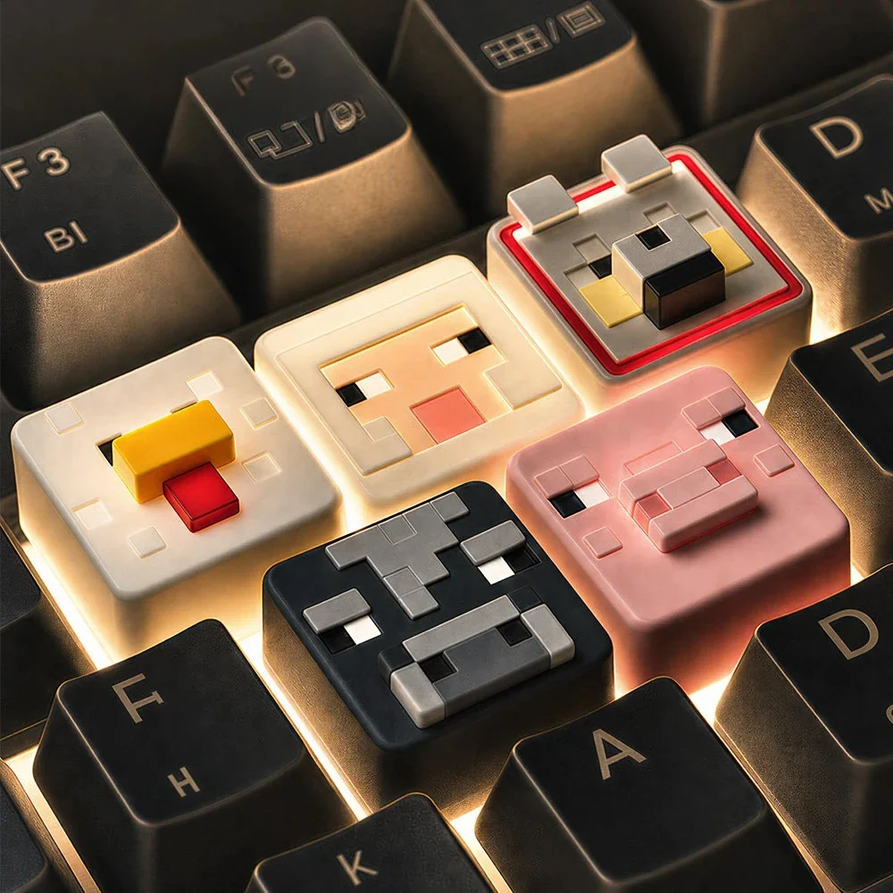 Close-up of various handcrafted Minecraft animal resin keycaps, showcasing their charming pixelated designs and vibrant colors from multiple playful angles