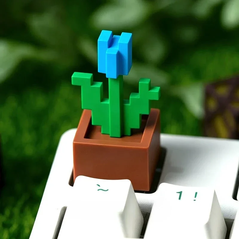 Playful close-ups of the iconic Minecraft Tulip artisan keycap, revealing its vibrant pixel art from various angles for a keyboard.