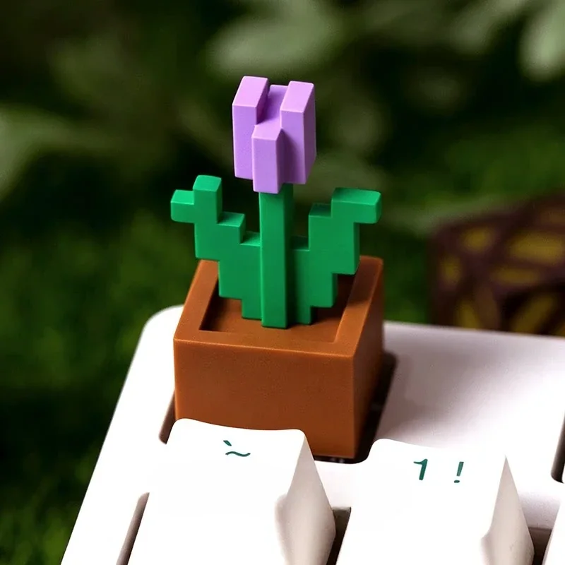 Explore the iconic Minecraft Tulip artisan keycap in a vibrant pixel art gallery, showcasing its nature-inspired design from playful angles.