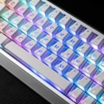 Close-up of Vibrant Minimalist Prism Cherry Keycap Set, showcasing multiple angles and their modern aesthetic with vibrant light refraction angles.
