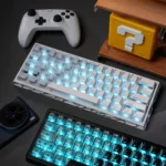Vibrant Minimalist Prism Cherry Keycap Set, multiple angles. Reveals modern aesthetic, vibrant light refraction, and crisp, luminous legend.